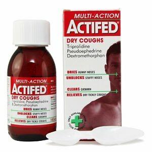 A 100ml bottle of Actifed Dry Coughs Multi-Action Linctus is displayed prominently, with clear labeling that outlines its purpose for treating dry coughs and other cold symptoms. The packaging design features the Actifed brand logo and key information about the linctus, including its multi-action formula designed to relieve coughs, presented against a simple background to enhance visibility and readability