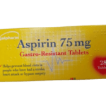 Image of Aspirin 75mg Gastro Resistant Tablets, 28 tablets. The product is designed to help reduce the risk of heart attacks and strokes by thinning the blood, with a gastro-resistant coating to protect the stomach. Packaging displays the dosage and product information.