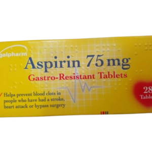 Image of Aspirin 75mg Gastro Resistant Tablets, 28 tablets. The product is designed to help reduce the risk of heart attacks and strokes by thinning the blood, with a gastro-resistant coating to protect the stomach. Packaging displays the dosage and product information.