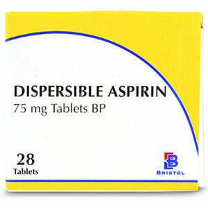 A blister pack of Aspirin Dispersible 75mg Tablets is displayed against a neutral background. The pack contains individual tablets designed to be dissolved in water, highlighting the ease of ingestion and the dosage strength clearly marked on the packaging. This presentation emphasizes the product's use for heart health and stroke prevention at a low, daily maintenance dose