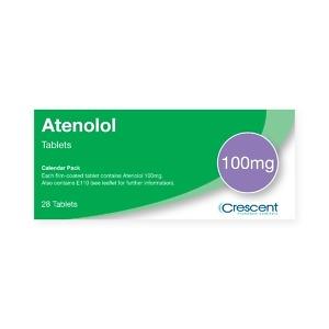 A blister pack containing 28 Atenolol 100mg tablets, each in a separate compartment. The tablets are white, round, and imprinted with identifying markings. The blister pack is labeled with the product name 'Atenolol 100mg Tablets' and dosage information, with clear packaging and visible instructions for use.