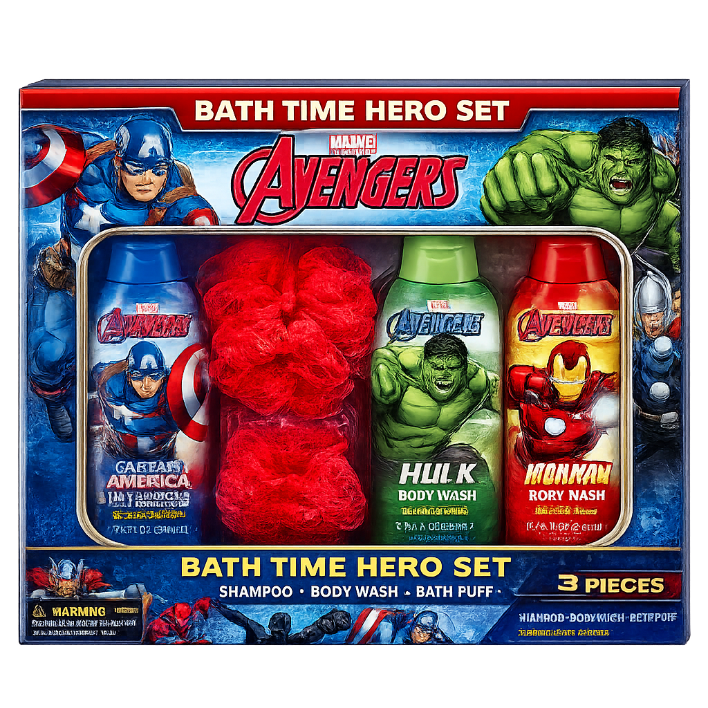 Avengers Bath Time Hero Set children's superhero bath gift set featuring Marvel Avengers themed bath and body care products for kids in colourful collectible packaging, original Avengers Bath Time Hero Set available from Asset Pharmacy