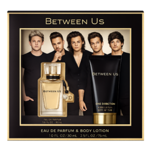 Between Us One Direction Gift Set women's fragrance and body care gift set featuring the official One Direction Between Us perfume with matching body care products in an elegant gift box, original Between Us One Direction Gift Set available from Asset Pharmacy