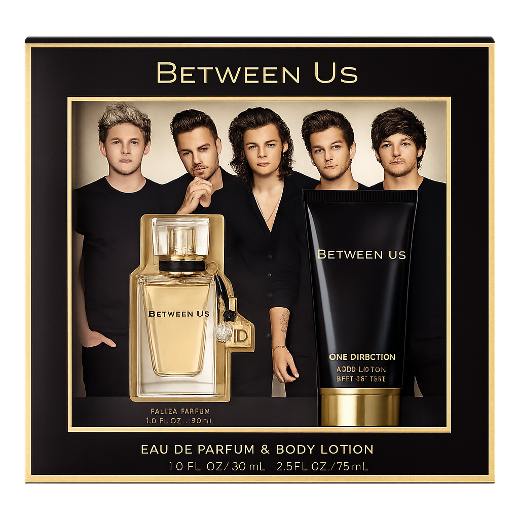 Between Us One Direction Gift Set women's fragrance and body care gift set featuring the official One Direction Between Us perfume with matching body care products in an elegant gift box, original Between Us One Direction Gift Set available from Asset Pharmacy