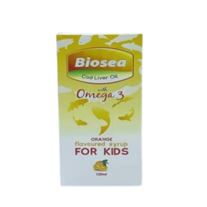 Biosea Cod Liver Oil for Kids with Omega-3 Liquid 120ml bottle, orange-flavoured children's dietary supplement with Vitamins A, D, C, and Omega-3 for healthy growth and brain development.