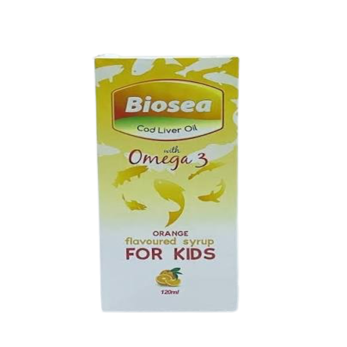 Biosea Cod Liver Oil for Kids with Omega-3 Liquid 120ml bottle, orange-flavoured children's dietary supplement with Vitamins A, D, C, and Omega-3 for healthy growth and brain development.