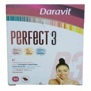 A bottle of Daravit Perfect 3 Capsules, containing 30 capsules, is showcased against a simple background. The label is clearly visible, indicating the product name 'Daravit Perfect 3' along with the quantity. The packaging emphasizes the health benefits and is designed to appeal to consumers looking for a comprehensive dietary supplement