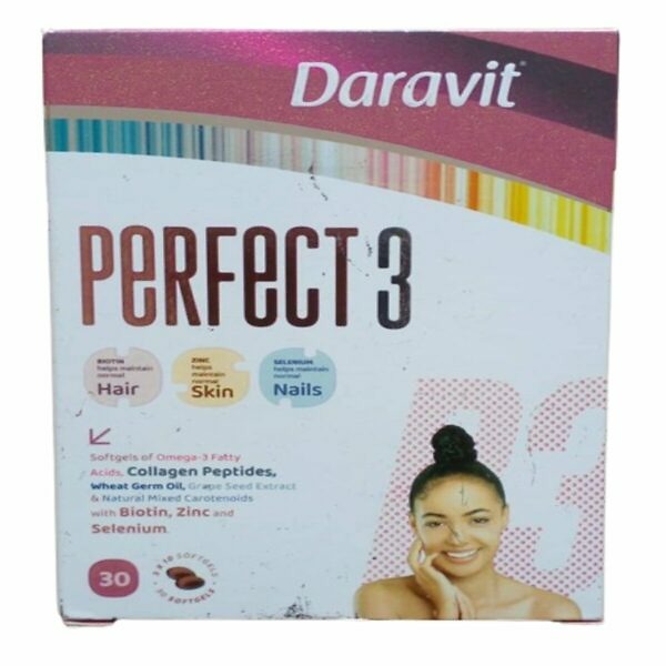 A bottle of Daravit Perfect 3 Capsules, containing 30 capsules, is showcased against a simple background. The label is clearly visible, indicating the product name 'Daravit Perfect 3' along with the quantity. The packaging emphasizes the health benefits and is designed to appeal to consumers looking for a comprehensive dietary supplement