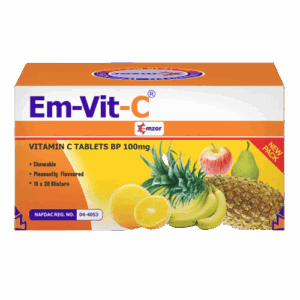 Emvit-C Chewable Vitamin C 100mg | Chewable Vitamin C Supplement for Immune Support, Antioxidant Protection & Healthy Skin | Asset Pharmacy Nigeria