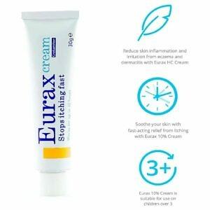 A tube of Eurax Cream is displayed prominently against a clean, white background. The product's name is clearly visible on the tube, highlighting its purpose as a treatment for itching associated with skin conditions such as eczema, dermatitis, and insect bites. The packaging design includes key information about the cream's use and benefits, emphasizing its effectiveness in providing relief from itching and skin irritation