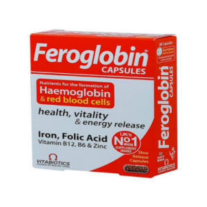 Feroglobin B12 Capsules 30 Capsules iron, vitamin B12, folic acid and zinc supplement formulated to support normal red blood cell formation, healthy haemoglobin production, energy-yielding metabolism and reduction of tiredness and fatigue, original Vitabiotics Feroglobin B12 Capsules available from Asset Pharmacy