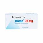 Close-up image of a bottle of Flotac 75mg Capsules, containing Diclofenac Cholestyramine, with a count of 20 capsules. The bottle label clearly displays the product name, dosage information, and the active ingredients for easy identification. The background is neutral, focusing attention on the medication packaging