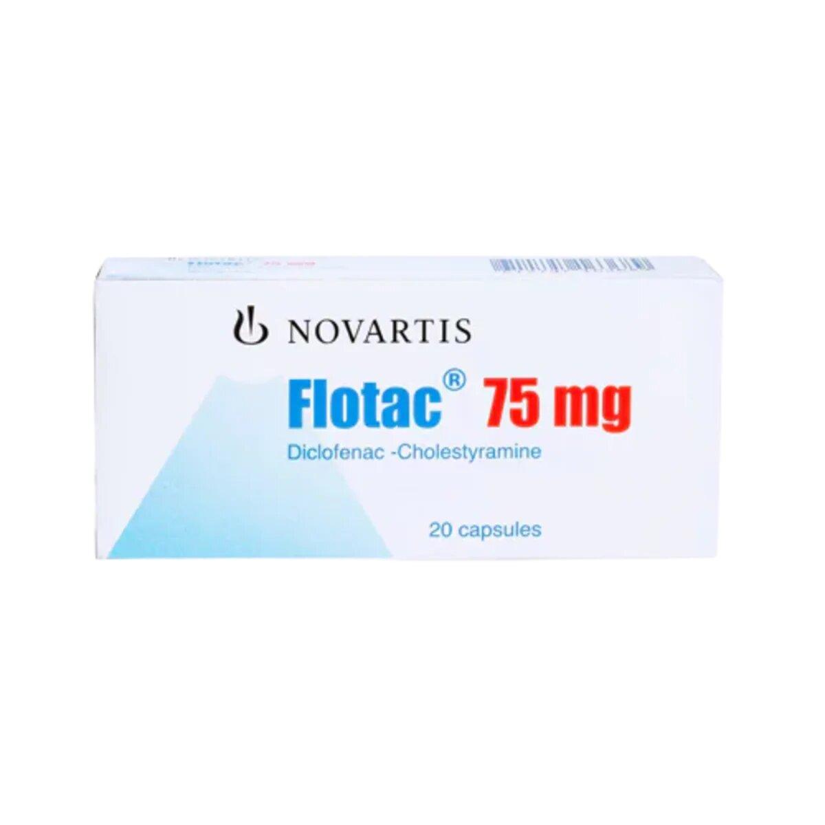 Close-up image of a bottle of Flotac 75mg Capsules, containing Diclofenac Cholestyramine, with a count of 20 capsules. The bottle label clearly displays the product name, dosage information, and the active ingredients for easy identification. The background is neutral, focusing attention on the medication packaging