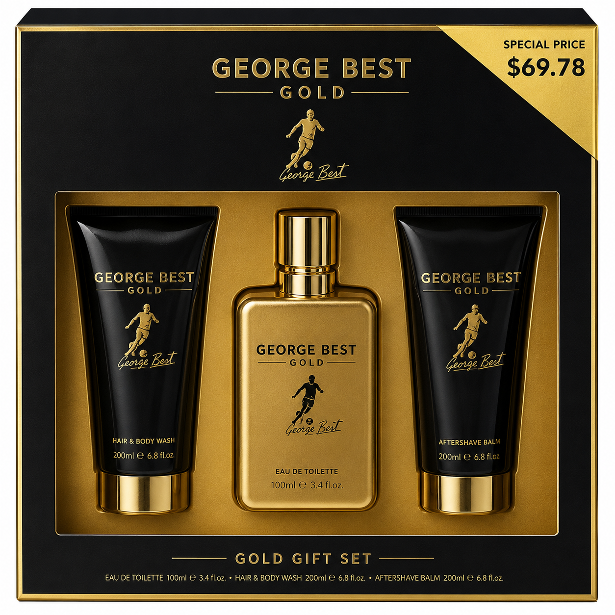 George Best Gold Gift Set men's fragrance and body care gift set featuring George Best Gold eau de toilette with matching grooming products in a premium gift box, original George Best Gold Gift Set available from Asset Pharmacy