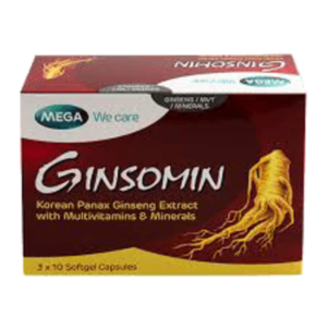 Ginsomin Capsules 10 Capsules dietary supplement formulated with Korean ginseng and multivitamins to help support energy metabolism, mental performance, physical vitality and overall wellbeing, original Ginsomin Capsules 10 Capsules available from Asset Pharmacy