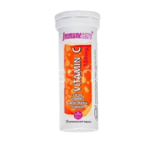 Immunecare Vitamin C 550mg Effervescent Tablets high-strength dissolvable vitamin C supplement formulated to support normal immune system function, antioxidant protection, collagen formation, iron absorption and reduction of tiredness and fatigue, original Immunecare Vit C effervescent tablets available from Asset Pharmacy