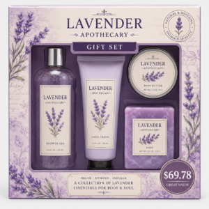 Lavender Apothecary Gift Set containing 100ml lavender body wash, body lotion and salvietta presented in an elegant wellness gift box for daily cleansing, moisturising and relaxation, original Lavender Apothecary Gift Set available from Asset Pharmacy