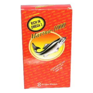 Marina 1000 Cod Liver Oil Capsules omega-3 dietary supplement containing cod liver oil with vitamins A and D to support immune function, bone health, vision and general wellbeing, genuine Marina capsules available from Asset Pharmacy Nigeria