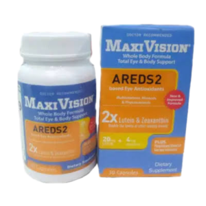 Maxivision Eye Vision Capsules 30 Capsules dietary eye health supplement formulated to support normal vision, retinal health and antioxidant protection, genuine Maxivision capsules available from Asset Pharmacy Nigeria