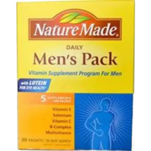 Nature Made Men's Pack Vitamin Supplements for Men 30 daily packs, a convenient men's multivitamin and nutritional supplement system formulated to support energy metabolism, immune health, heart health and overall wellness, genuine Nature Made supplements available from Asset Pharmacy Nigeria