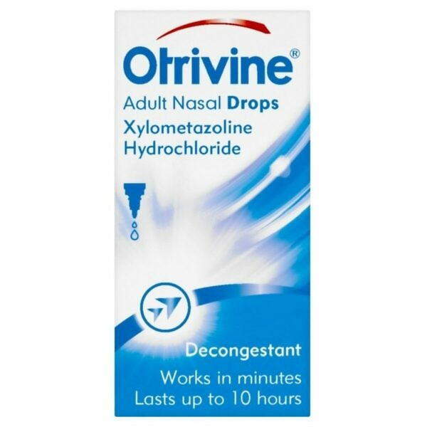 A 10ml bottle of Otrivine Adult Nasal Drops is displayed against a neutral background, emphasizing its use for nasal congestion relief. The packaging clearly highlights the brand and product name, along with the intended use for adults. The bottle is designed for easy application, promising quick relief from nasal congestion