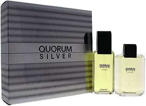 Quorum Silver Gift Set 2 items men's fragrance gift set featuring Quorum Silver eau de toilette with matching grooming product presented in an elegant gift box for everyday masculine fragrance and personal care, original Quorum Silver Gift Set available from Asset Pharmacy