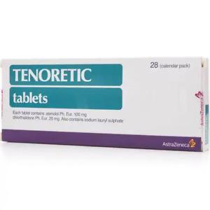 enoretic 100mg Tablets – Pack of 28 Tablets containing Atenolol and Chlorthalidone, used for high blood pressure and fluid retention management – Blister pack with branded labeling visible.