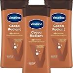 The product image shows a 400ml bottle of Vaseline Intensive Care Cocoa Radiant lotion. The bottle is light brown with the Vaseline logo at the top, followed by the product name "Intensive Care Cocoa Radiant." Below, there’s a brief description highlighting its ability to moisturize and nourish dry skin, leaving it soft and radiant. The bottle has a pump dispenser for easy application, and the overall design emphasizes warmth and hydration, with subtle cocoa bean imagery to suggest its cocoa butter infusion.