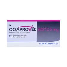 CoAprovel 300/12.5mg Tablets, 28 Tablets containing irbesartan 300mg and hydrochlorothiazide 12.5mg for the treatment of high blood pressure available at Asset Pharmacy Nigeria.