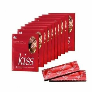 A retail packaging of Kiss Red Condoms containing three condoms. The box is compact and rectangular, predominantly red with white text. It features the product name prominently in bold, white letters and includes a visual element such as a heart or lips to denote the brand identity. The packaging may display additional text such as "3 Condoms" and possibly some health or safety certifications, arranged neatly for easy visibility. The background is simple to emphasize the product details.