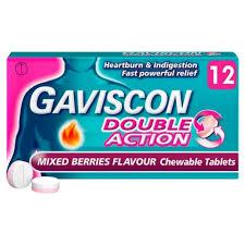 Gaviscon Double Action Chewable Tablets for fast relief of heartburn, acid reflux and indigestion with dual-action acid neutralisation and protective barrier available at Asset Pharmacy Nigeria.