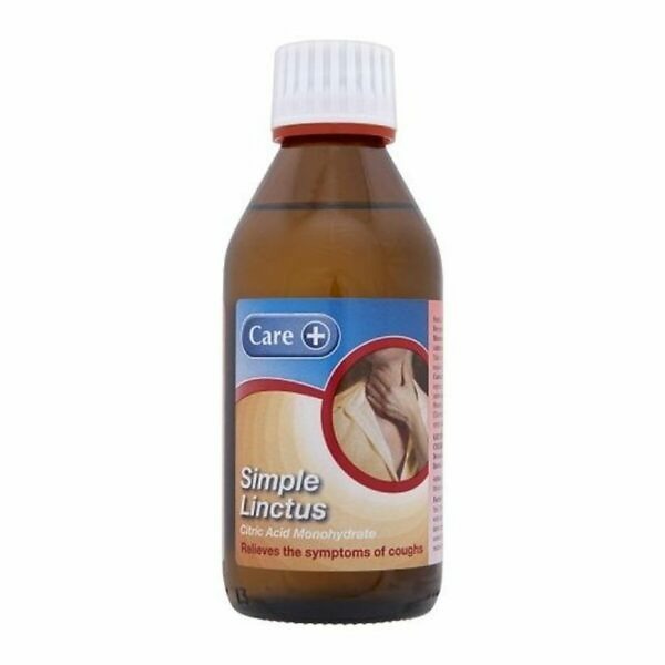 An image showing a bottle of Care Simple Linctus on a clean, well-lit surface. The bottle is labeled clearly in bold, readable text, indicating it is a cough syrup intended for soothing dry or irritating coughs. The background is uncluttered, focusing attention on the product and its labeling details, including usage instructions and ingredients