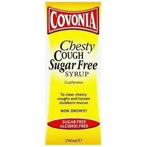 A bottle of Covonia Chesty Cough Sugar Free Syrup placed on a clean surface with a clear view of its label. The label emphasizes the product's efficacy in relieving chesty coughs and highlights that it is sugar-free, making it suitable for those who are monitoring their sugar intake. The background is minimal, ensuring the product is the focal point and details like dosage instructions are visible