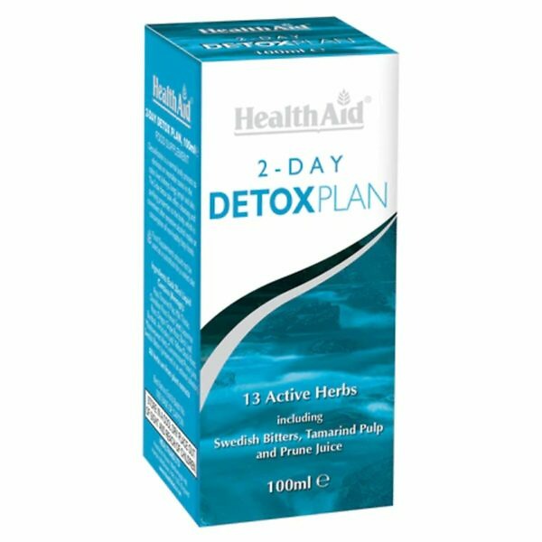 A bottle of Health Aid 2 Day Detox Plan Liquid displayed against a clean background. The label is prominently featured, clearly showcasing the product name and its purpose for a comprehensive two-day detoxification plan. The liquid is intended to support body cleansing and wellness, highlighted by the vibrant colors and health-centric design of the packaging