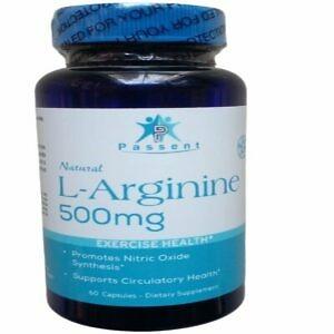 A bottle of Passent L-Arginine 500mg Capsules is shown against a clean background, highlighting its label which clearly states the product name and the dosage of 500mg. The bottle contains 60 capsules, indicated on the label, designed to supplement L-Arginine intake. The packaging is professional and straightforward, aimed at users seeking health and nutritional support