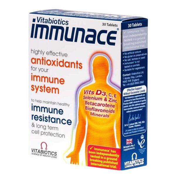 A bottle of Vitabiotics Immunace, containing 30 tablets, showcased prominently. The packaging highlights its immune support capabilities, enriched with vitamins, minerals, and antioxidants designed to enhance overall health. The label clearly displays the brand and product name, 'Vitabiotics Immunace,' along with the quantity, against a background that emphasizes health and vitality