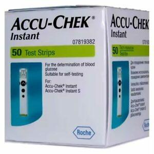 A close-up image of a package containing 50 Accu-Chek Instant Blood Glucose Test Strips. The package is prominently branded with the Accu-Chek logo and the product name, against a medical and professional white and blue background. Visible are the test strip vial and several individual strips, designed for use with Accu-Chek Instant glucose meters, emphasizing the product's focus on accuracy and ease of use for diabetes management and blood sugar monitoring.