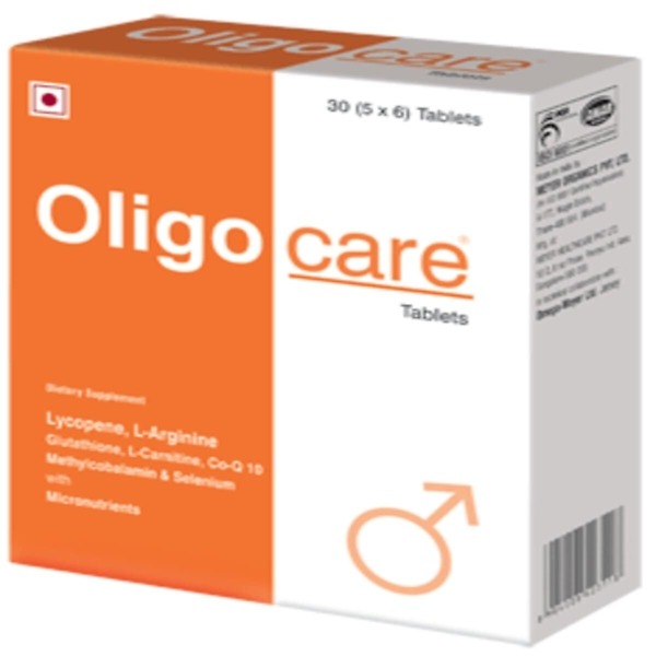 Image of Oligocare Tablets, 30 Tablets box. The product is a dietary supplement designed to support male reproductive health, containing essential vitamins, minerals, and antioxidants. The packaging displays the Oligocare branding and key product information.