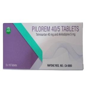 Pilorem 40/5 Tablets box, containing 30 tablets. The box is labeled with the product name 'Pilorem 40/5', indicating each tablet contains Telmisartan 40mg and Amlodipine 5mg. The packaging is designed for hypertension management.