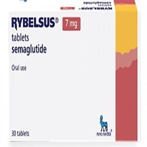 A box of Rybelsus 7mg Tablets (Semaglutide 7mg Tablets) containing 30 tablets. The packaging is primarily white with colored accents indicating the 7mg dosage. The product name "Rybelsus" is prominently displayed, along with dosage strength and other prescribing details. These oral tablets are used for managing type 2 diabetes by helping regulate blood sugar levels.