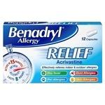 Benadryl Allergy Relief Capsules – Acrivastine 8mg, pack of 12 fast-acting antihistamine capsules for relief from hay fever, skin, pet, and dust allergies