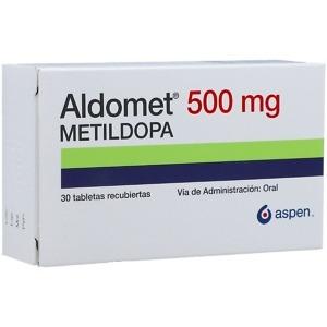 Aldomet 500mg Tablets – Pack of 30 tablets containing Methyldopa 500mg for high blood pressure and pregnancy-related hypertension – blister pack shown.