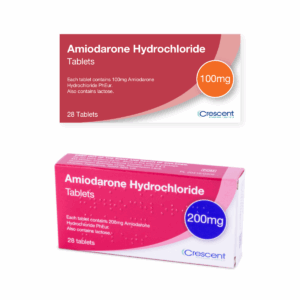 Amiodarone Tablets – Pack of 28 tablets available in 100mg and 200mg strengths, used for treating irregular heart rhythms (arrhythmias) – blister pack displayed.