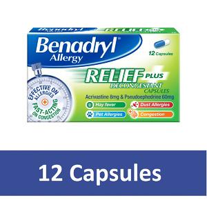Benadryl Allergy Relief Plus Decongestion Capsules, 12 Capsules – box of dual-action capsules for allergy relief and nasal decongestion, containing acrivastine and pseudoephedrine.
