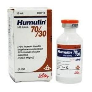 Humulin 70/30 Insulin Vial 100IU/mL, 10ml – clear glass vial containing premixed insulin isophane and regular human insulin for diabetes blood sugar control.