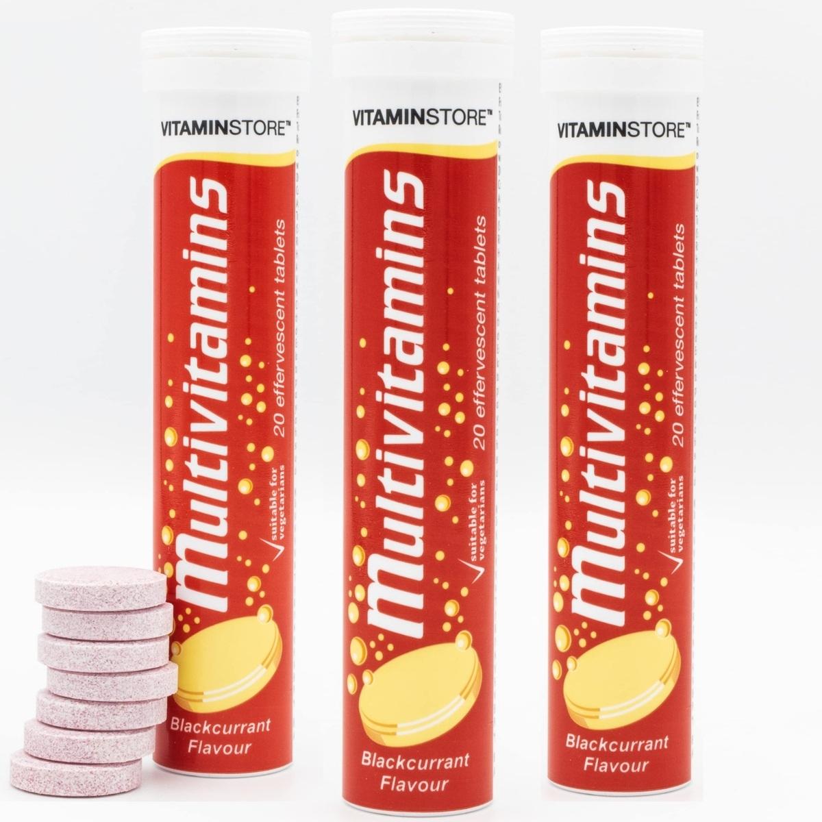 Vitaminstore Multivitamins, 20 Effervescent Tablets – tube packaging containing dissolvable tablets formulated to support daily energy, immunity, and overall wellness.