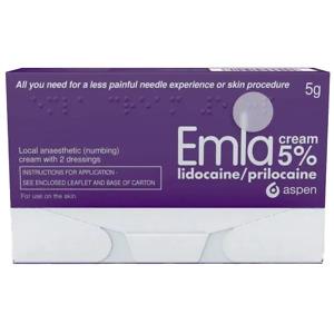 Emla Cream – Lidocaine and Prilocaine 5g tube. Topical anaesthetic cream in branded packaging, used to numb the skin before medical procedures, injections, or minor cosmetic treatments.