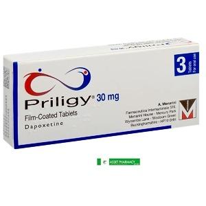 Priligy 30mg Tablets – Dapoxetine 30mg, pack of 3 tablets. Blister packaging showing clearly labeled Priligy brand used for premature ejaculation treatment in adult men.