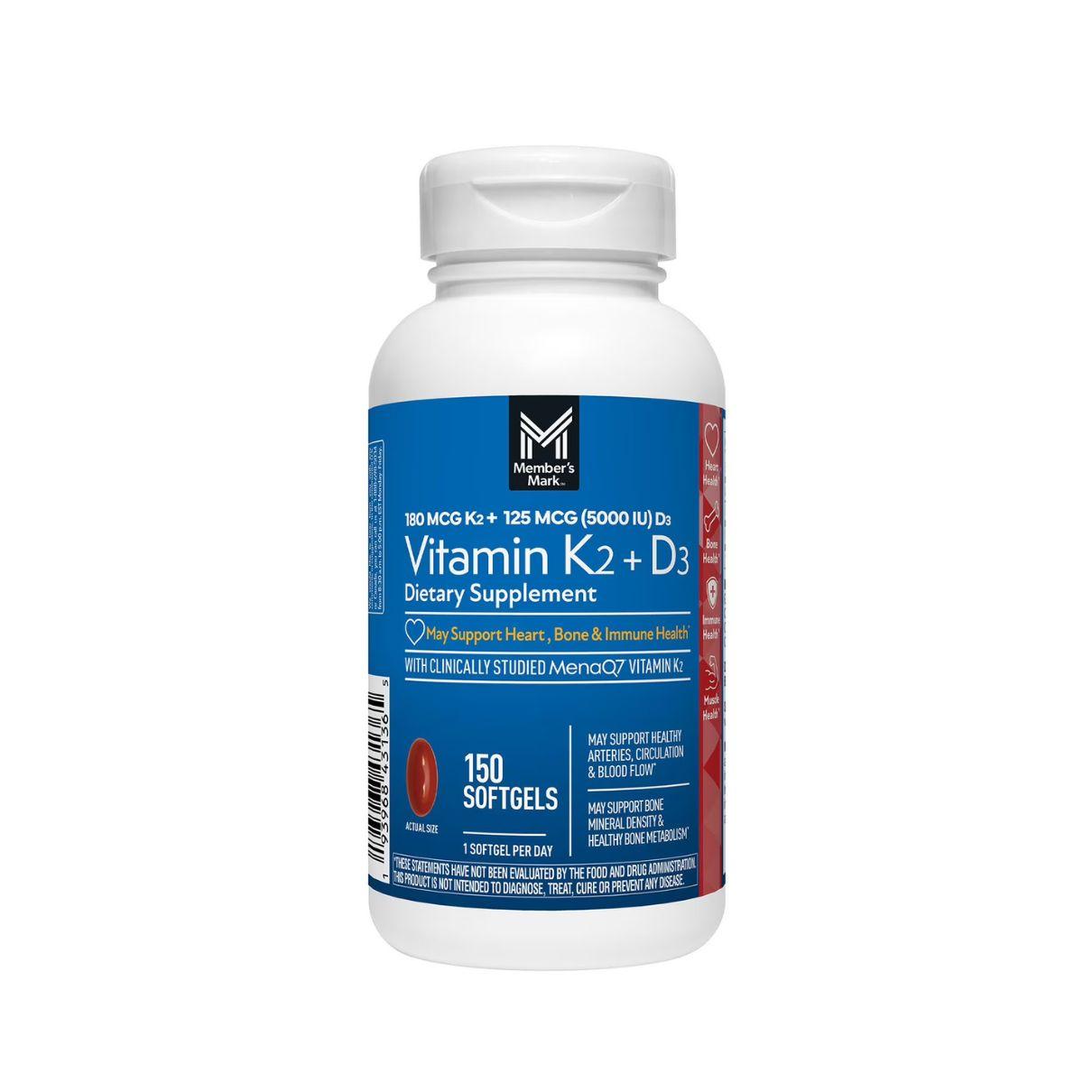 Member's Mark Vitamin K2 + D3 Supplement, 150 softgels, in original branded packaging. Food supplement combining Vitamin K2 and Vitamin D3 to support normal bone health, calcium utilisation, immune system function, and the maintenance of healthy bones and teeth. Available from Asset Pharmacy, a trusted PCN-registered pharmacy in Nigeria.