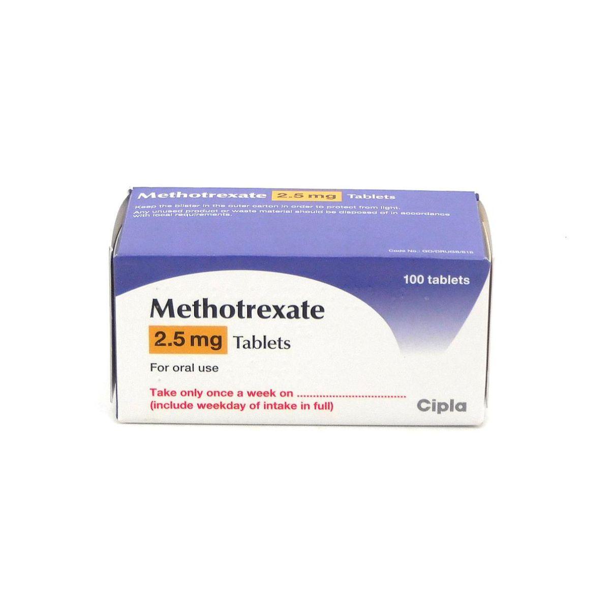 Methotrexate 2.5mg Tablets, 100 Tablets in original branded packaging. Prescription medicine containing methotrexate 2.5mg used under specialist medical supervision for conditions such as rheumatoid arthritis, severe psoriasis, psoriatic arthritis, Crohn's disease, and certain cancers. Available from Asset Pharmacy